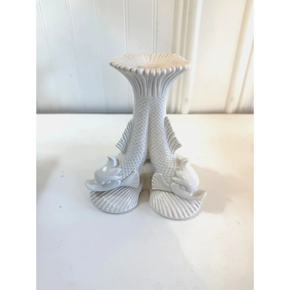 Fitz And Floyd Atlantis Collection Candleholder White Ceramic Fish Candle Holder